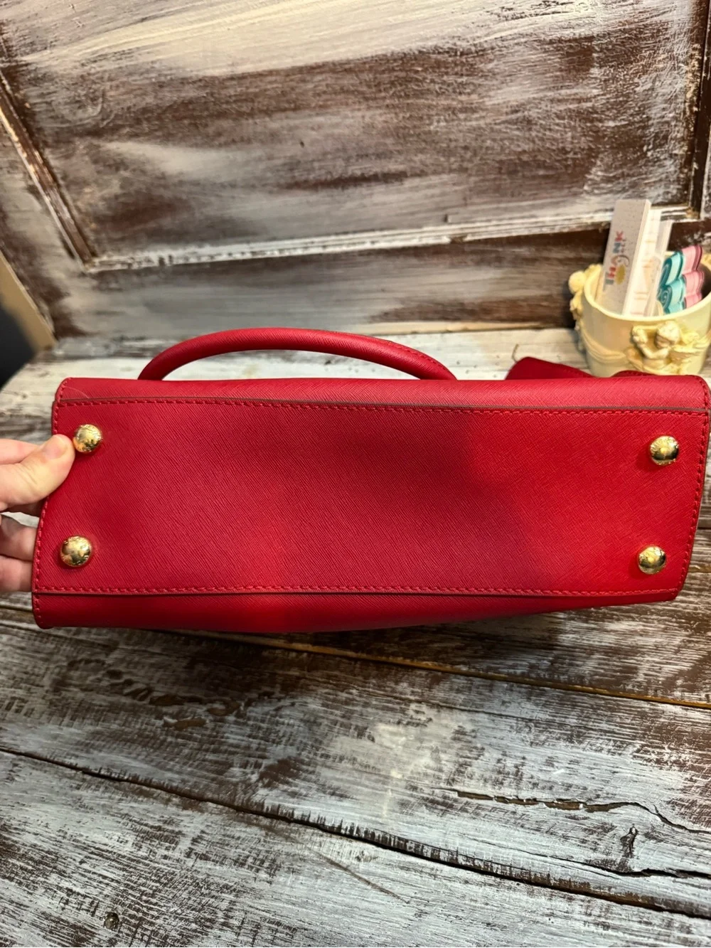 Michael Kors Red Saffiano Satchel with Gold-Tone Lock
